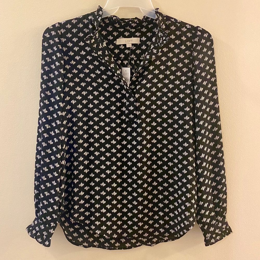 Loft Black White Long Sleeve Ruffle Top Womens S